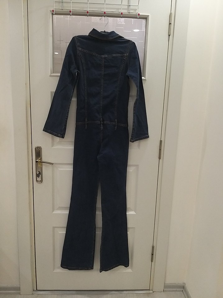 Lacivert Kadın Denim Tulum, Kemerli, Uzun Kollu - Görsel 3