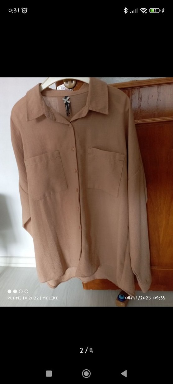 sütlü kahve Kadın Keten Gömlek - Görsel 2