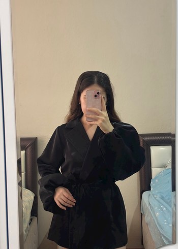 Geniş Kollu Siyah Midi Kadın Elbise Ceket - Görsel 4