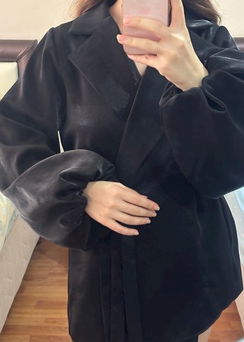 Geniş Kollu Siyah Midi Kadın Elbise Ceket - Görsel 3