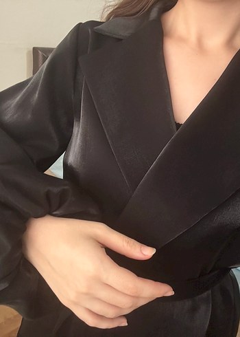 Geniş Kollu Siyah Midi Kadın Elbise Ceket - Görsel 5