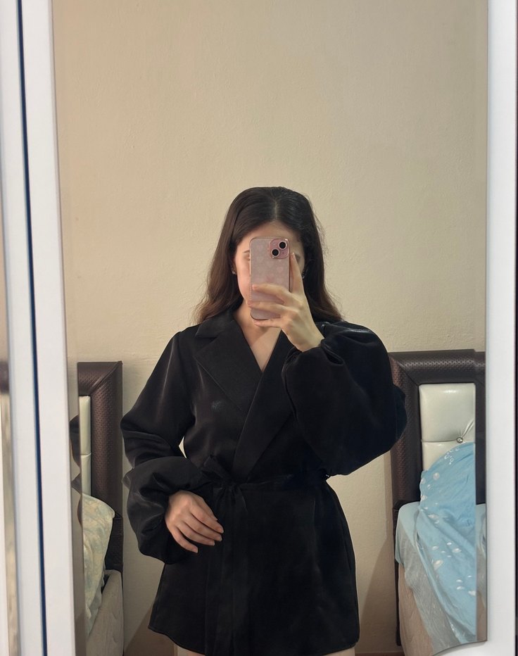 Geniş Kollu Siyah Midi Kadın Elbise Ceket - Görsel 4