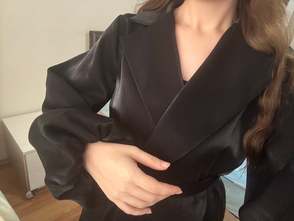 Geniş Kollu Siyah Midi Kadın Elbise Ceket - Görsel 5