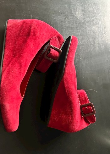 Kırmızı gerçek deri  Süet Dolgu Topuklu Kadın Babet - Görsel 8