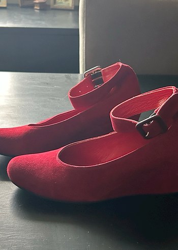 Kırmızı gerçek deri  Süet Dolgu Topuklu Kadın Babet - Görsel 9