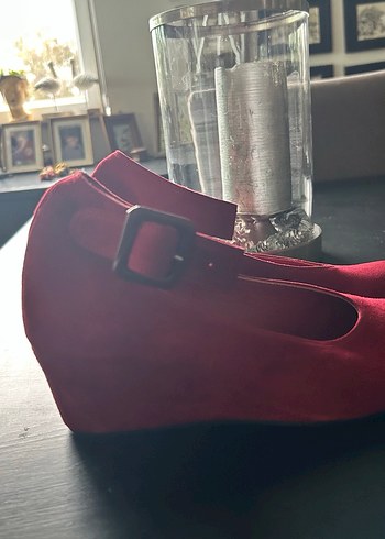 Kırmızı gerçek deri  Süet Dolgu Topuklu Kadın Babet - Görsel 6