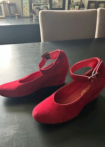 Kırmızı gerçek deri  Süet Dolgu Topuklu Kadın Babet - Görsel 3