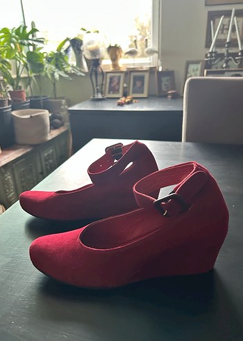 Kırmızı gerçek deri  Süet Dolgu Topuklu Kadın Babet - Görsel 2