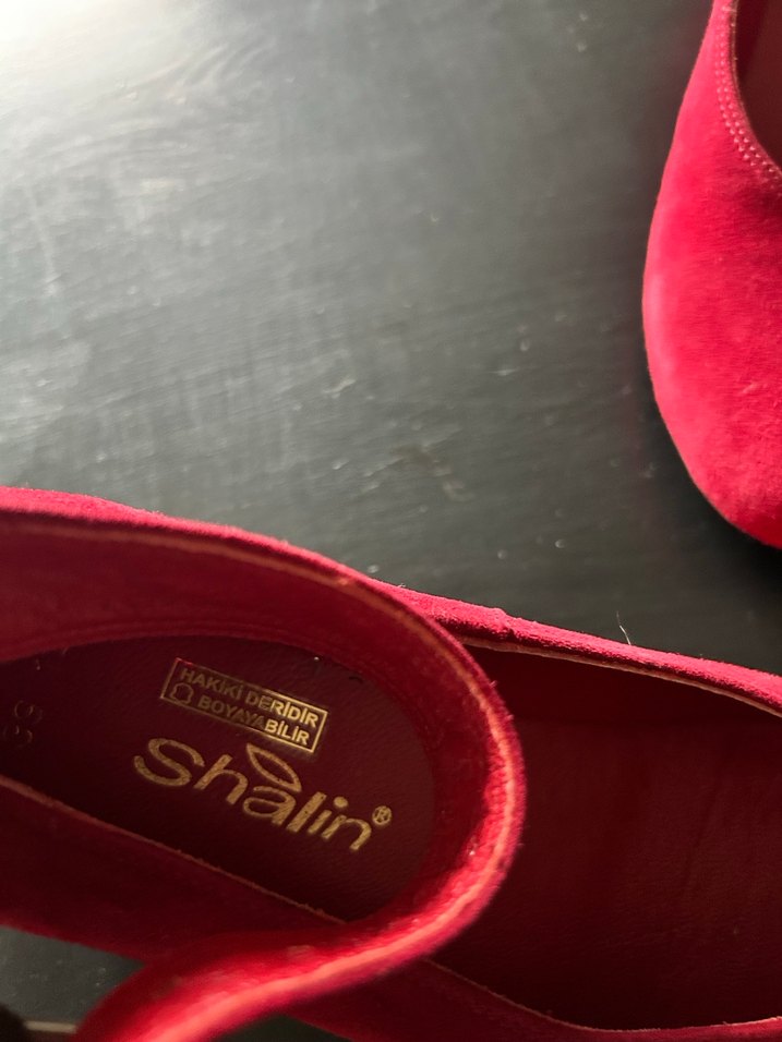 Kırmızı gerçek deri  Süet Dolgu Topuklu Kadın Babet - Görsel 4