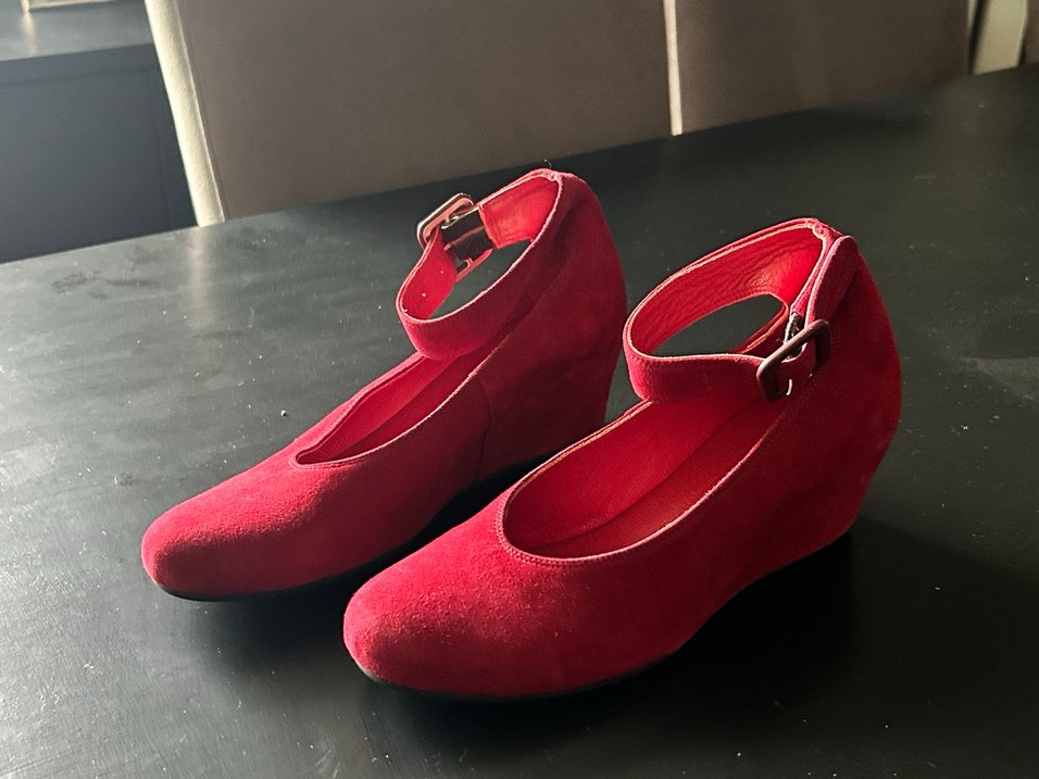 Kırmızı gerçek deri  Süet Dolgu Topuklu Kadın Babet - Görsel 5