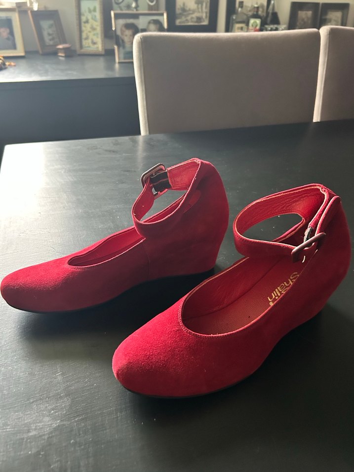 Kırmızı gerçek deri  Süet Dolgu Topuklu Kadın Babet - Görsel 3