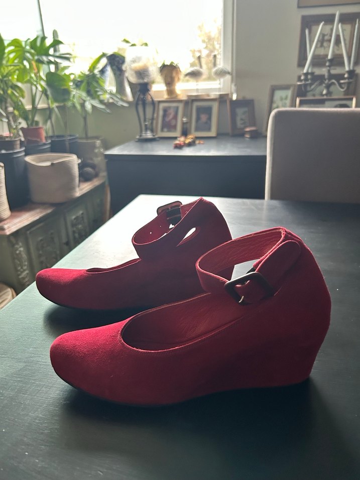 Kırmızı gerçek deri  Süet Dolgu Topuklu Kadın Babet - Görsel 2