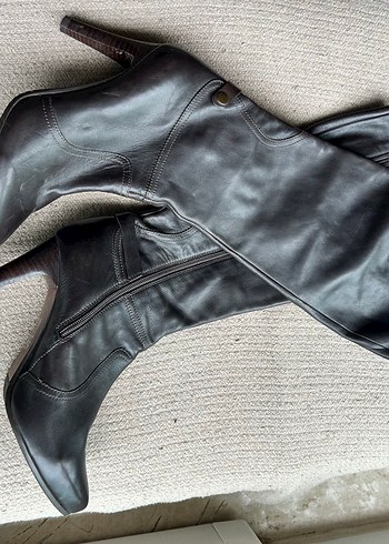 Kahverengi gerçek  Deri Topuklu Diz Boyu Kadın Çizme - Görsel 2