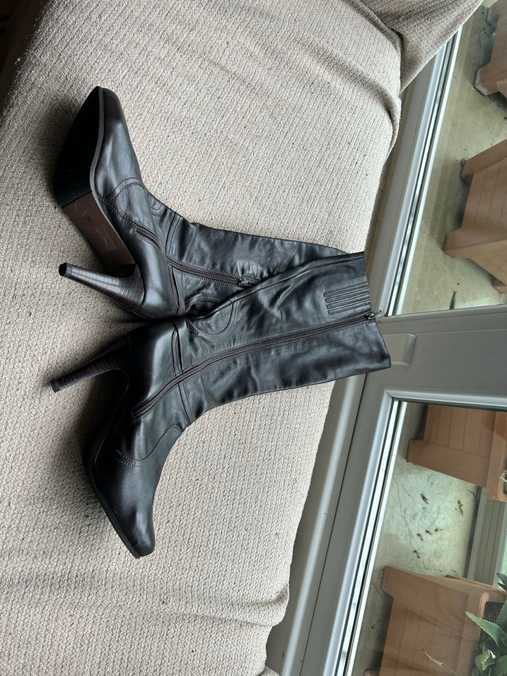 Kahverengi gerçek  Deri Topuklu Diz Boyu Kadın Çizme - Görsel 4