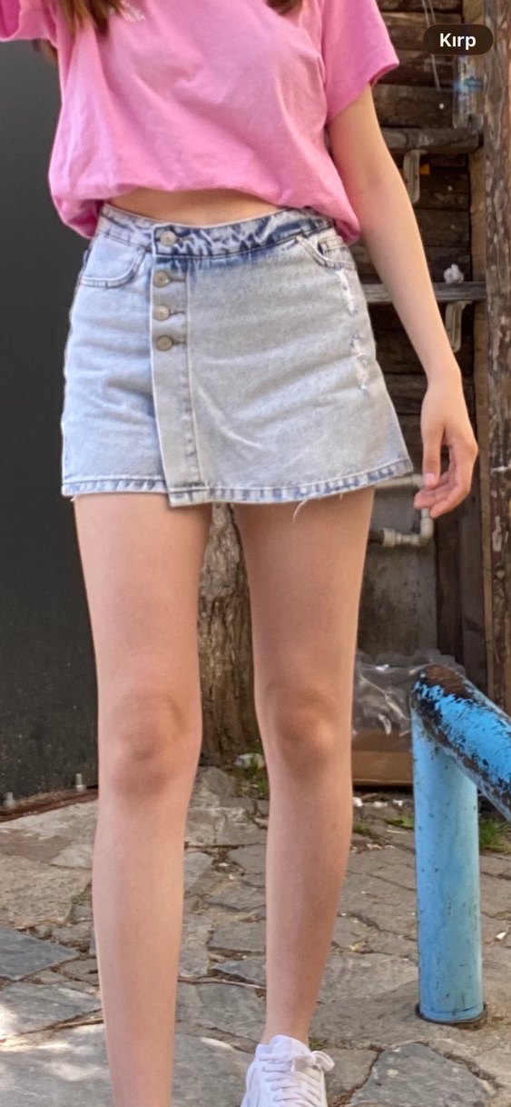 Düğmeli Gri Kadın Mini Kot Şort - Görsel 4