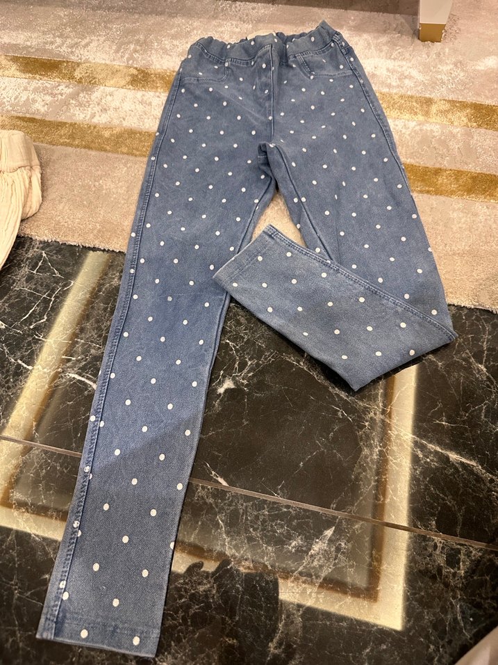 Kız Çocuk Puantiyeli Düğmeli Kot Pantolon - Görsel 3