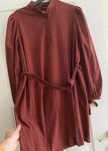 Bordo Uzun Kollu Düğmeli Keten Tunik - Görsel 4