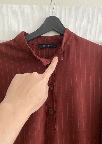 Bordo Uzun Kollu Düğmeli Keten Tunik - Görsel 3