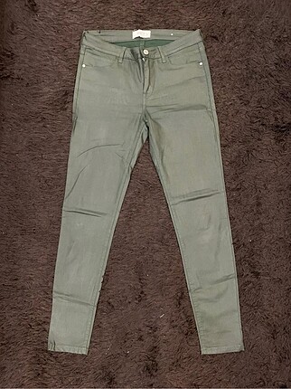 Haki deri görünümlü denim
