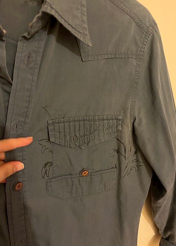 Gri Uzun Kollu Denim unisex Gömlek - Görsel 2