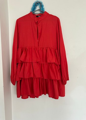 Kırmızı Fırfırlı Bohem Keten Mini Tunik