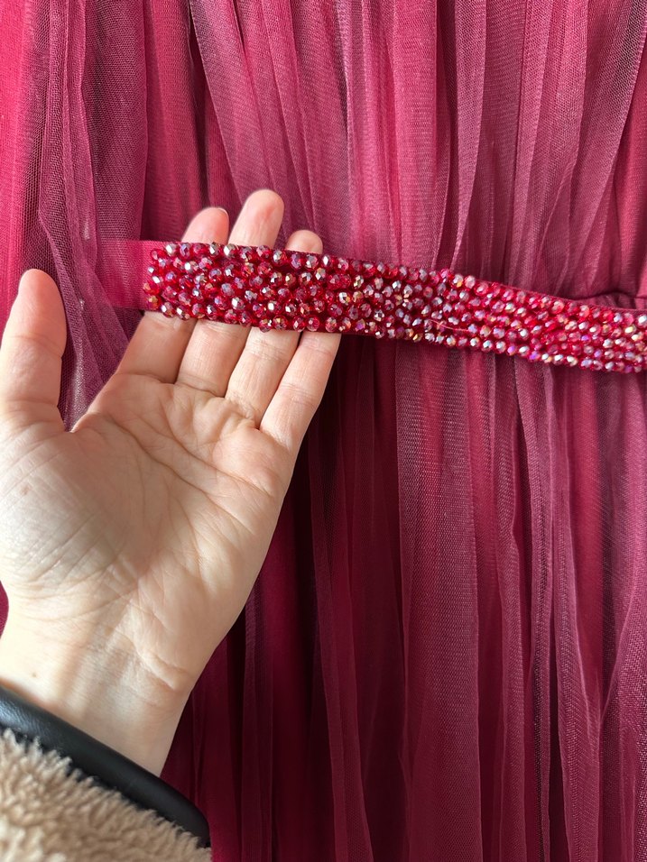 Bordo Uzun Bohem Yüksek Yakalı Kadın Elbise - Görsel 3