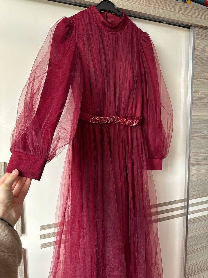 Bordo Uzun Drapeli Bohem Kadın Elbise - Görsel 2