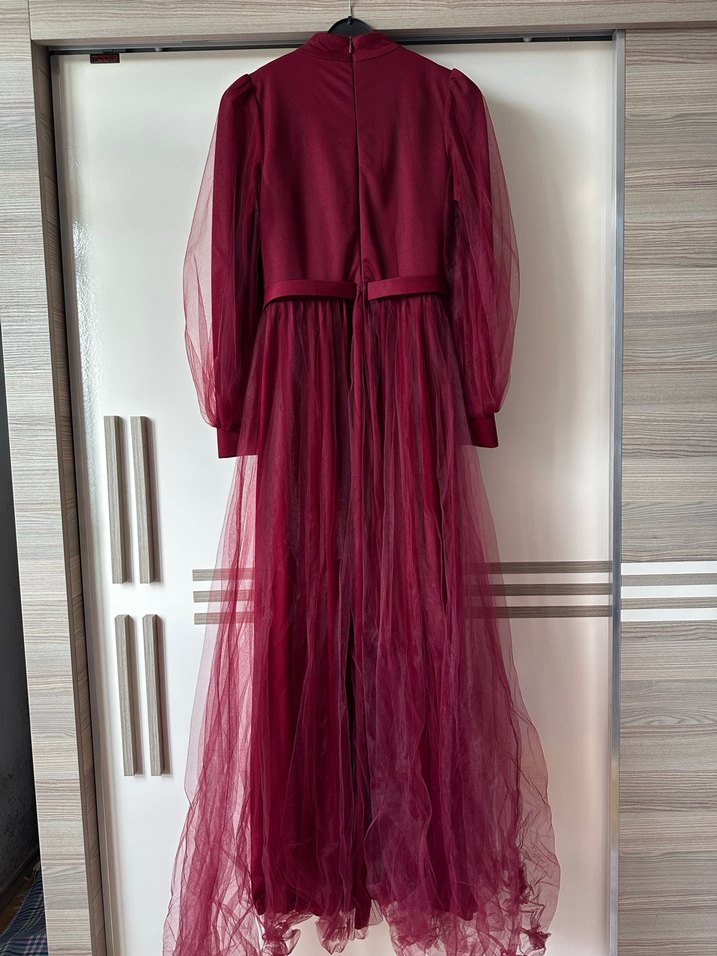 Bordo Uzun Drapeli Bohem Kadın Elbise - Görsel 4