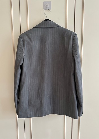 Gri Çizgili Düğmeli Kadın Blazer Ceket - Görsel 4