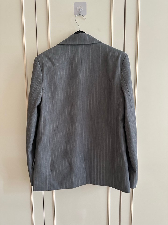 Gri Çizgili Düğmeli Kadın Blazer Ceket - Görsel 4