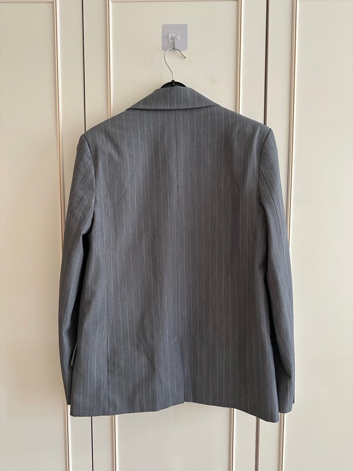 Gri Çizgili Düğmeli Kadın Blazer Ceket - Görsel 5