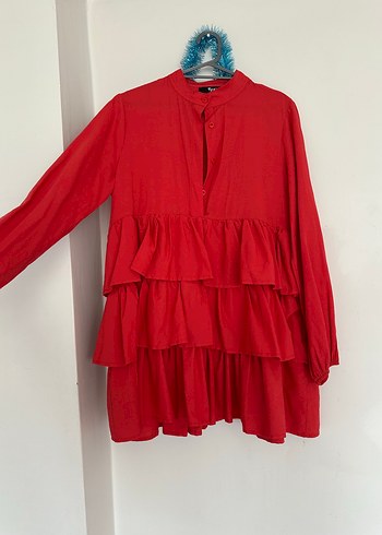 Diğer Uzun Kollu Kırmızı Fırfırlı Mini Tunik