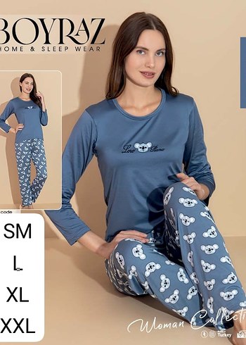 Mavi Baskılı Uzun Kollu Kadın Pijama Takımı