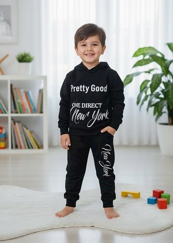 Diğer Kız Çocuk Siyah Kapüşonlu Baskılı Sweatshirt ve Eşofman