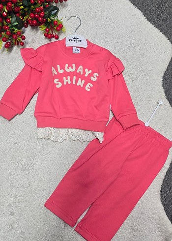 Kız Çocuk Pembe Dantel Detaylı Sweatshirt ve Eşofman - Görsel 2