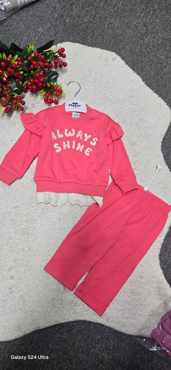 Kız Çocuk Pembe Dantel Detaylı Sweatshirt ve Eşofman - Görsel 2