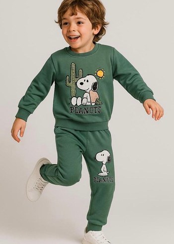 Erkek Çocuk Yeşil Baskılı Sweatshirt ve Eşofman Takımı
