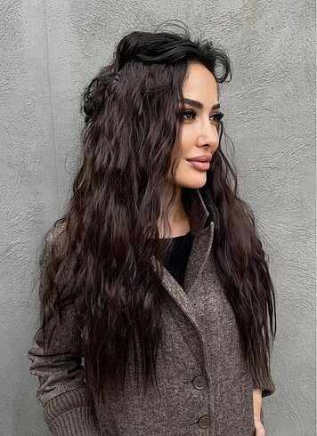 Gerçek saç kalitesinde Kahverengi dalgalı çıtçıtlı kaliteli saç - Görsel 5