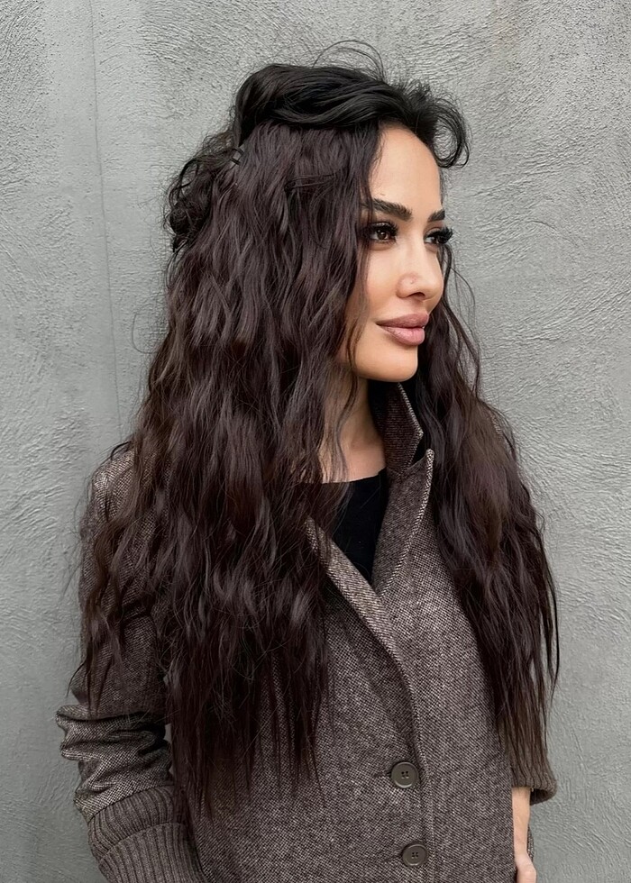 Gerçek saç kalitesinde Kahverengi dalgalı çıtçıtlı kaliteli saç - Görsel 5