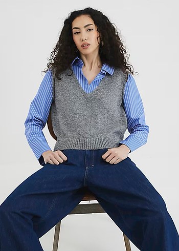 Zara Zara V Yaka Gri Örgü Kadın Süveter