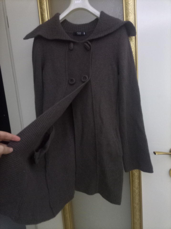 Kahverengi Midi Örgü Yün Hırka - Görsel 2