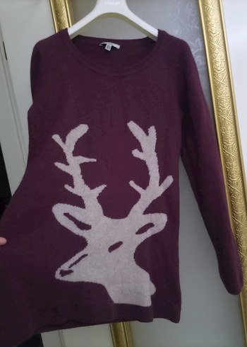 Mavi Geyik Desenli Bordo Kazak - Görsel 2