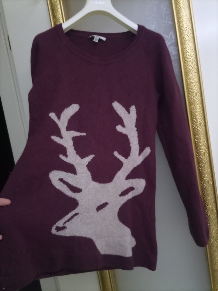 Mavi Geyik Desenli Bordo Kazak - Görsel 2