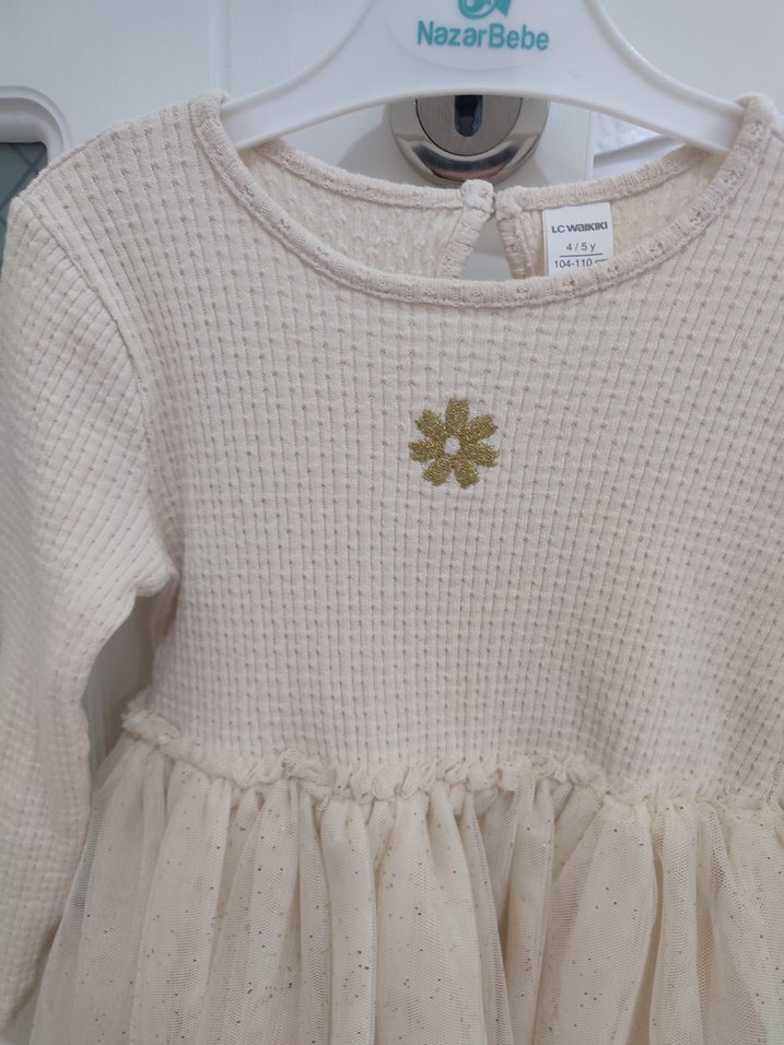 Beyaz Nakışlı Kız Çocuk Triko Elbise - Görsel 2