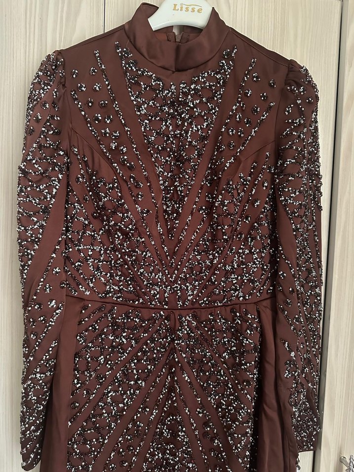 Drapeli Yüksek Yakalı Kahverengi Uzun Abiye - Görsel 3