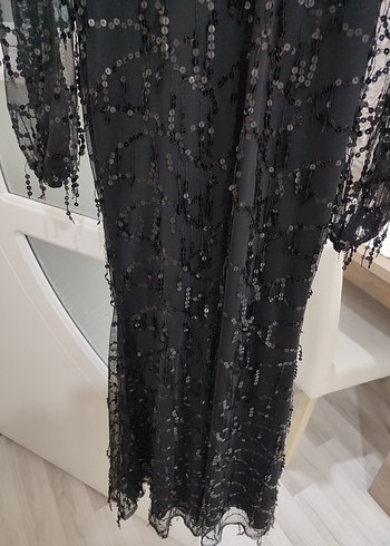 Boncuk İşlemeli Siyah Uzun Kadın Abiye Elbise - Görsel 3