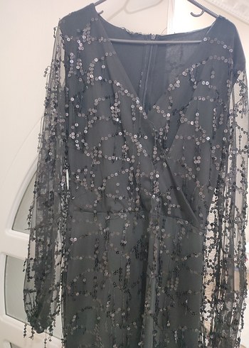 Boncuk İşlemeli Siyah Uzun Kadın Abiye Elbise - Görsel 2