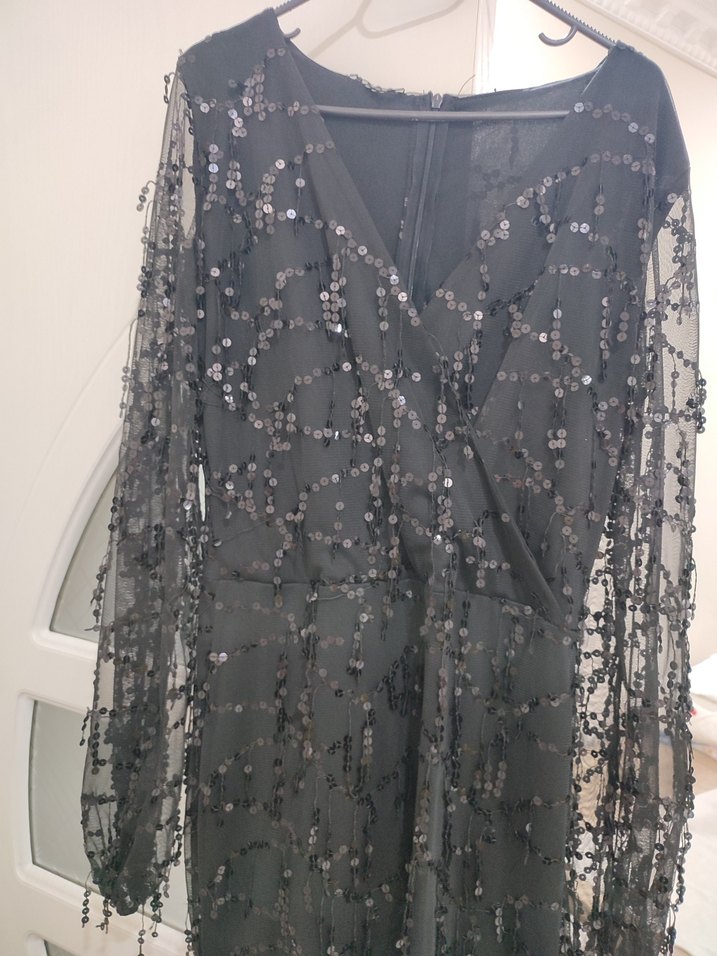 Boncuk İşlemeli Siyah Uzun Kadın Abiye Elbise - Görsel 2