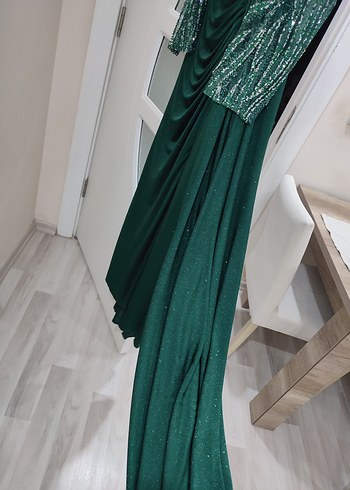 Koyu Yeşil Drapeli Uzun Abiye Elbise - Görsel 6