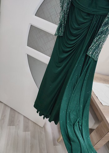 Koyu Yeşil Drapeli Uzun Abiye Elbise - Görsel 5